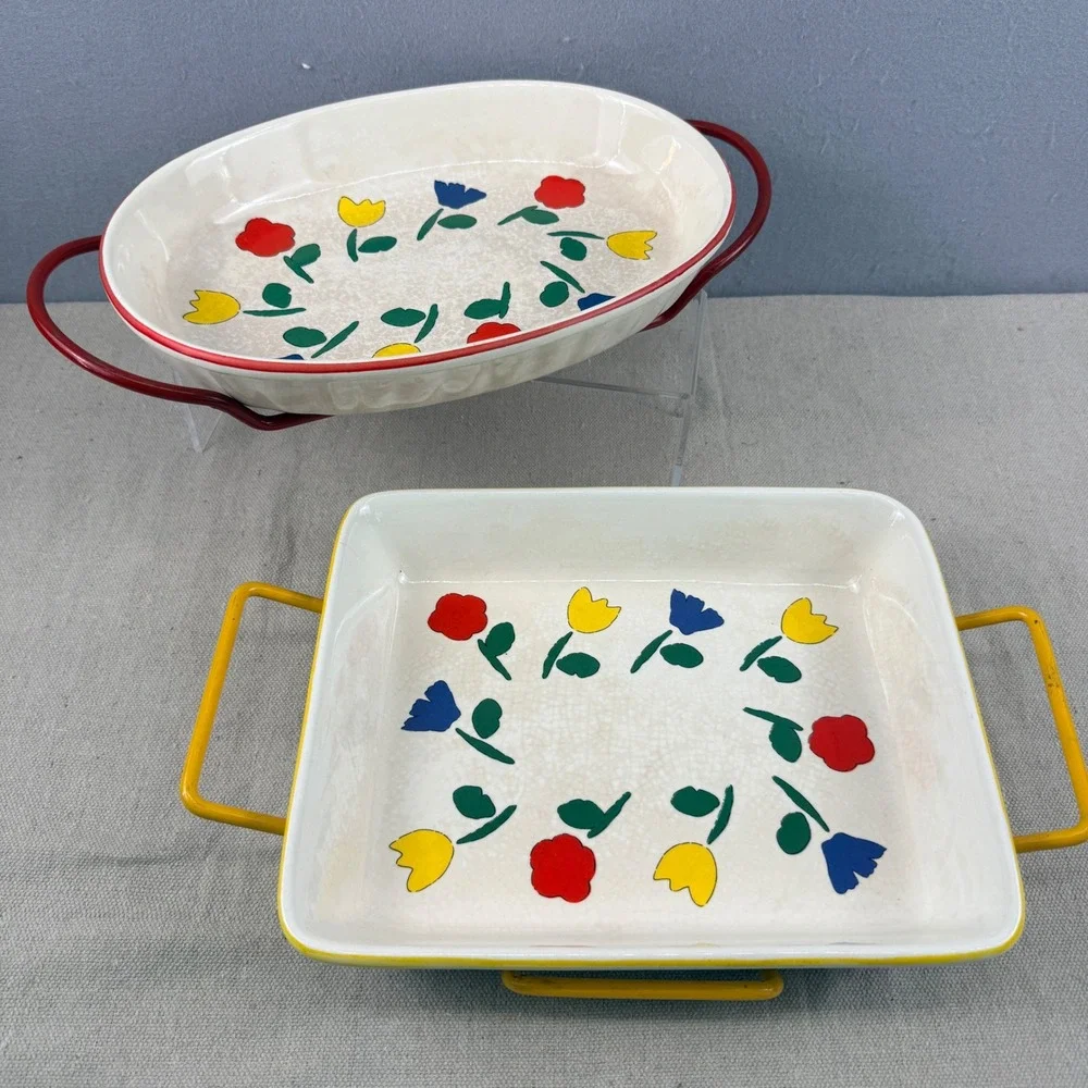 Vintage Tulip Pattern Baker Set w/ Red & Yellow Wire Carriers MCM Pottery